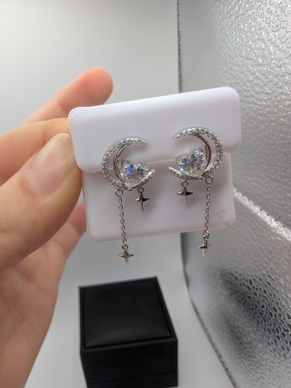 NWT 1.86 ctw Moissanite Heart Moon & Star Dangle Earrings S925